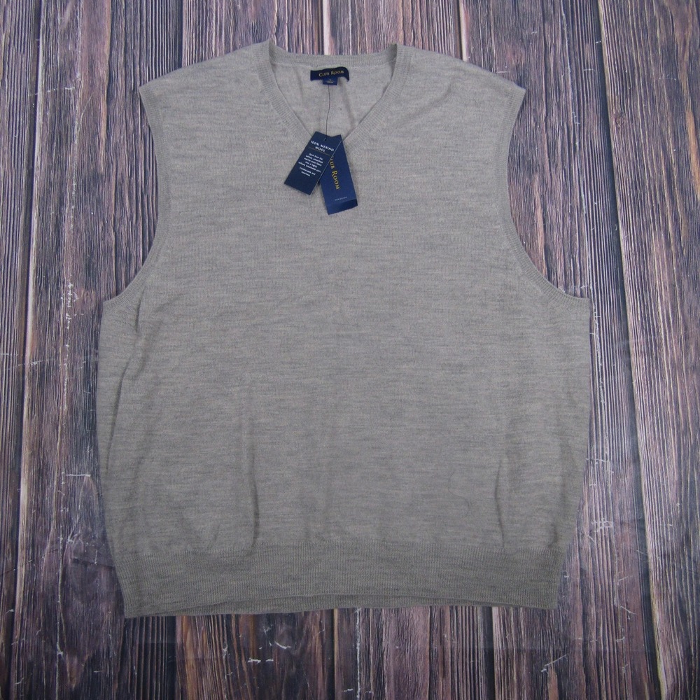 Club Room Sweater Vest Mens Large Gray 100% Merino Wool V Neck Knit Pullover‎